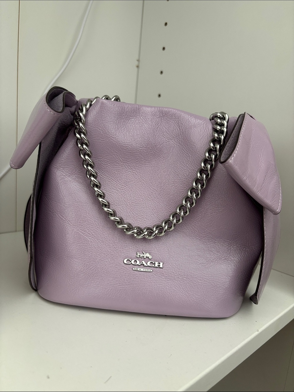 Coach Faye Mini Lilac / Purple Leather Shoulder Bag with Bows Silver Chain
